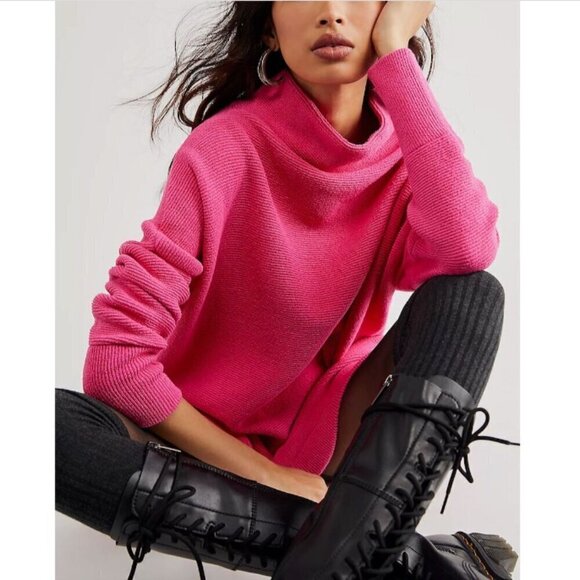 FREE PEOPLE Ottoman Slouch Tunic Raspberry Rose Bubble Gum Pink Sweater/Dress XS - Picture 2 of 16
